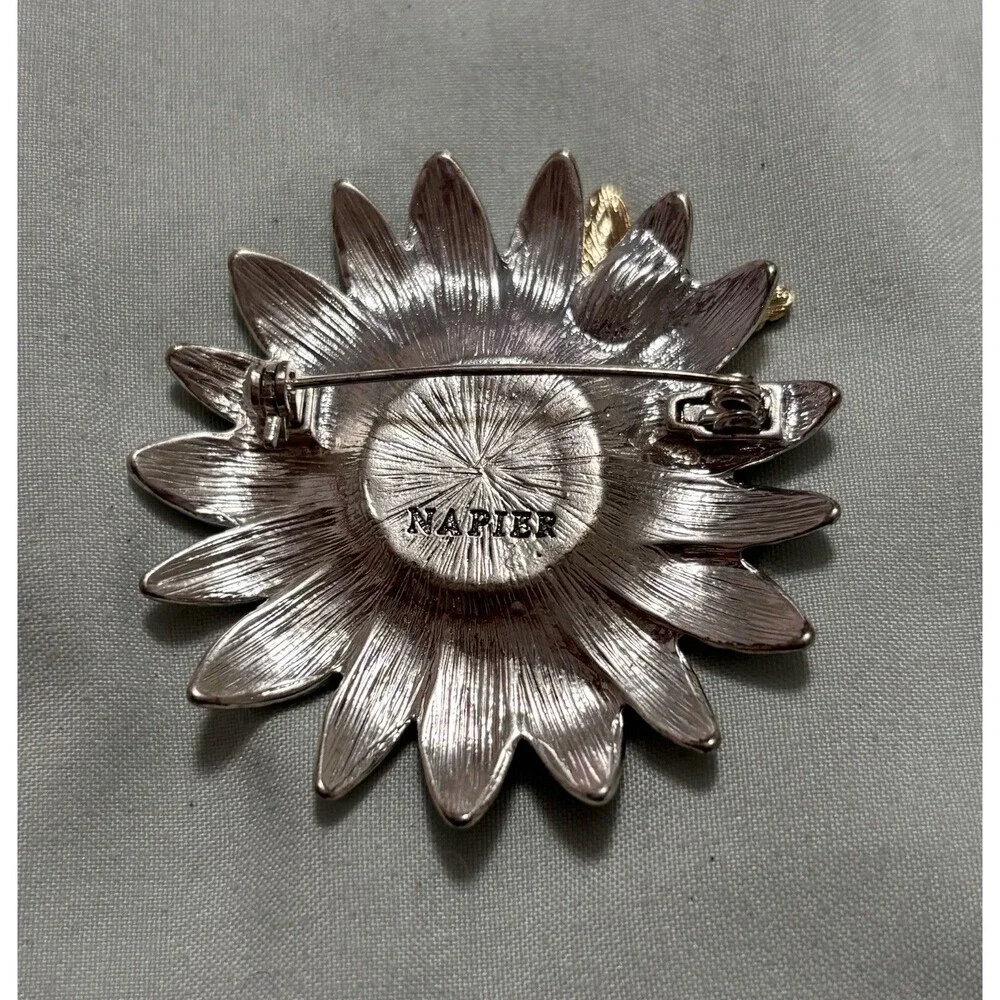 Signed Napier Butterfly Sunflower Daisy Brooch Pin Silver Gold Tone Vintage